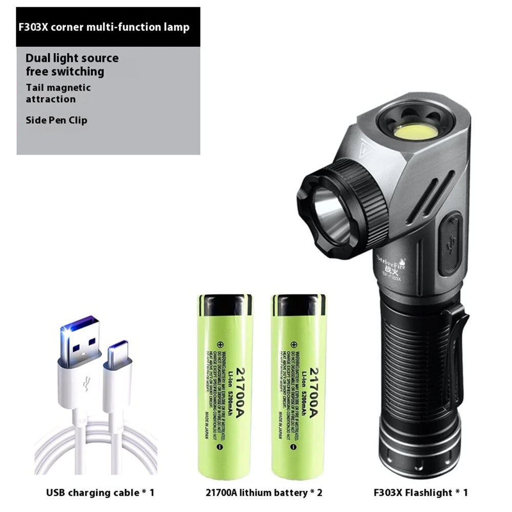 Bikight 1500 Lumens L-shape 21700 LED Flashlight 90 Swivel Emergency Magnetic Work Lamp 21700 Rechargeable Flash Light Outdoor Tactical Corner Light LED Torch