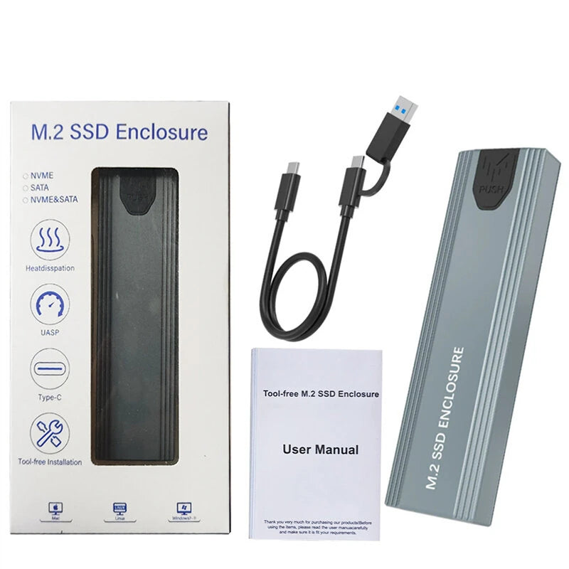 Rocketek ME912 M.2 NVMe SATA SSD Enclosure Dual Protocol USB3.1 Gen2 10Gbps Fast Data Transfer Aluminum Alloy Heat Dissipation Tool Free Portable SSD Case