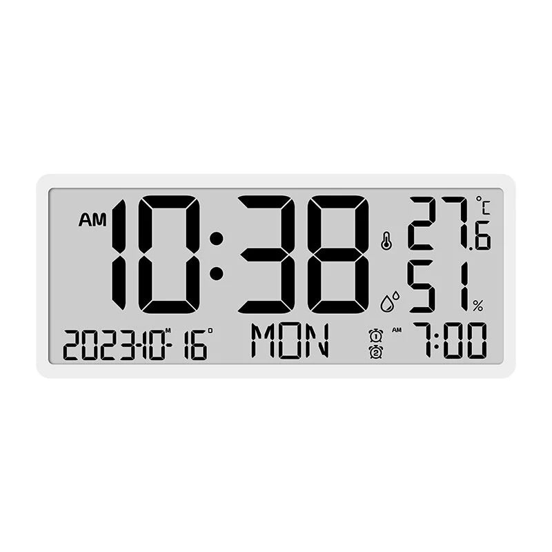 Large LCD Digital Wall Clock Temperature Humidity Display Alarm Clock Hanging/Desktop Digital Clock Plugged in Electronic Desktop Clock for Home and Offices