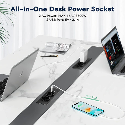 Table Socket with 2 USB 2 Sockets Built-in Socket 2-Way Installation Power Strip with 2 Screws for Kitchen Furniture or Worktops Recessed Socket 1.8 Cable16 A/3500 W