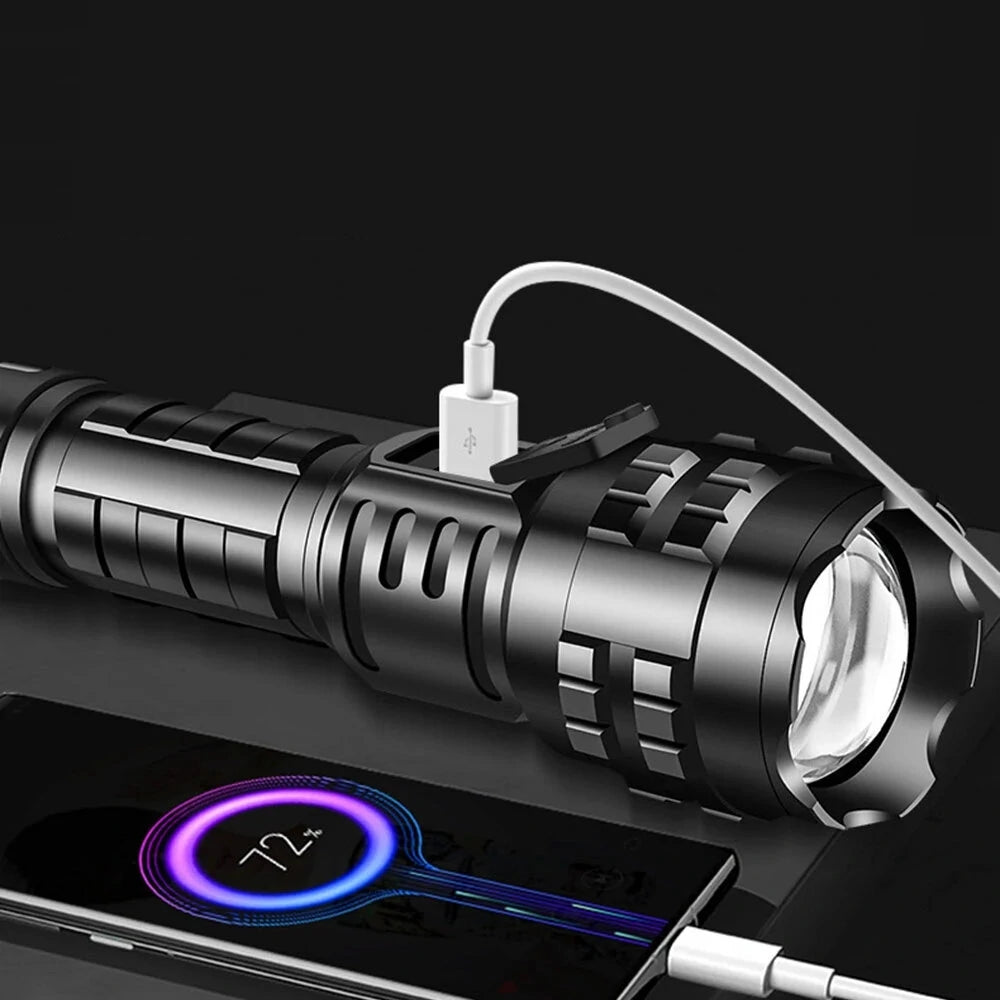 Powerful Tactical P70 LED Flashlight 3 Modes USB Power Display Torch with Self Rescue Hammer Broken Window Emergency