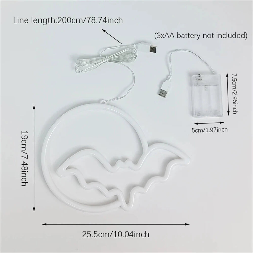 Halloween Bat Moon Neon Sign LED Light USB or Battery Powered IP42 Waterproof Festive Wall and Table Decor