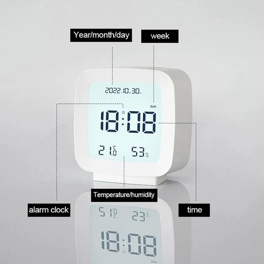 Digital Alarm Clock 12/24H Electronic Alarm Clock Voice-activated Backlight Temperature Humidity Nightlight Table Clocks with Snooze Function