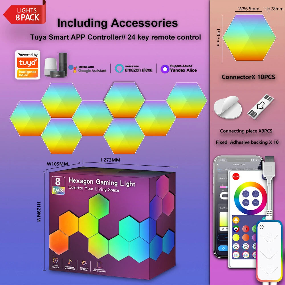 LIXINCORDA Smart RGBIC Hexagonal LED Light Panels Music Sync APP/Remote/Voice Control With Alexa Google
