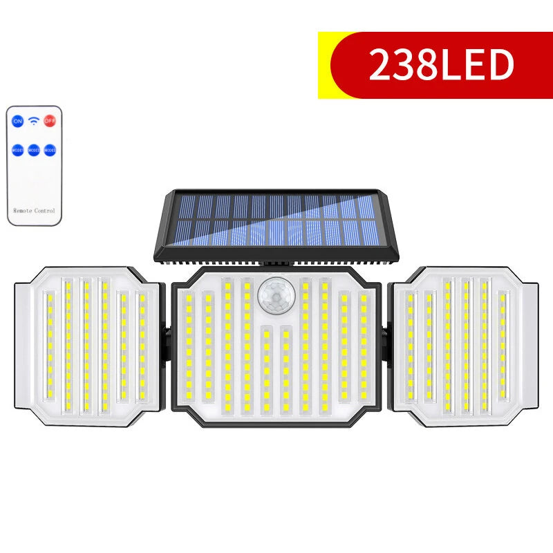 3-Head Motion Sensor Solar Light 350LM IP65 Waterproof Remote Control Floodlight 164/238 LED Outdoor Solar Lamp