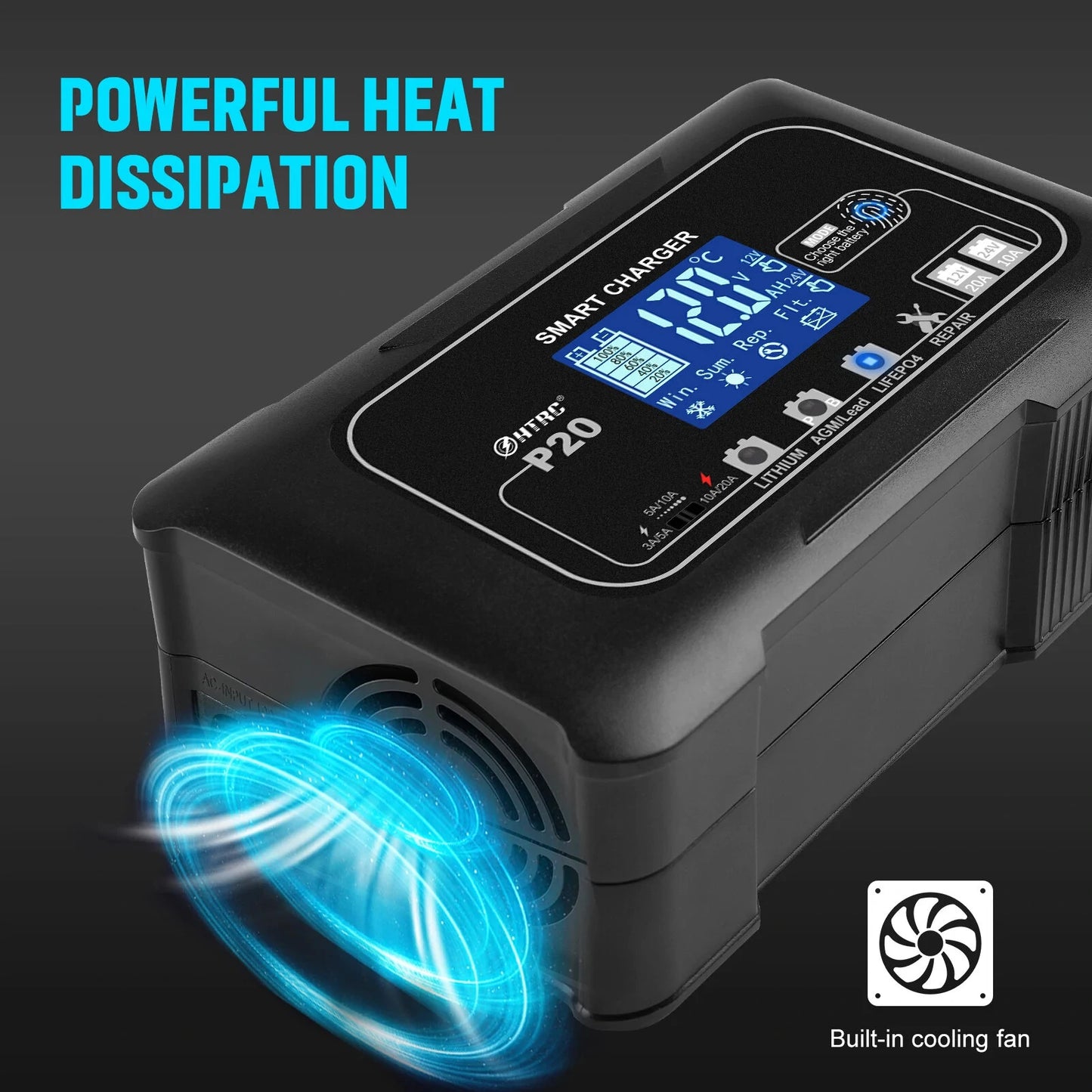 HTRC 15A/20A Smart Battery Charger Automatic Pulse Repair Charge for Lead-Acid Lithium LiFePO4 Battery Car Motorcycle Charger
