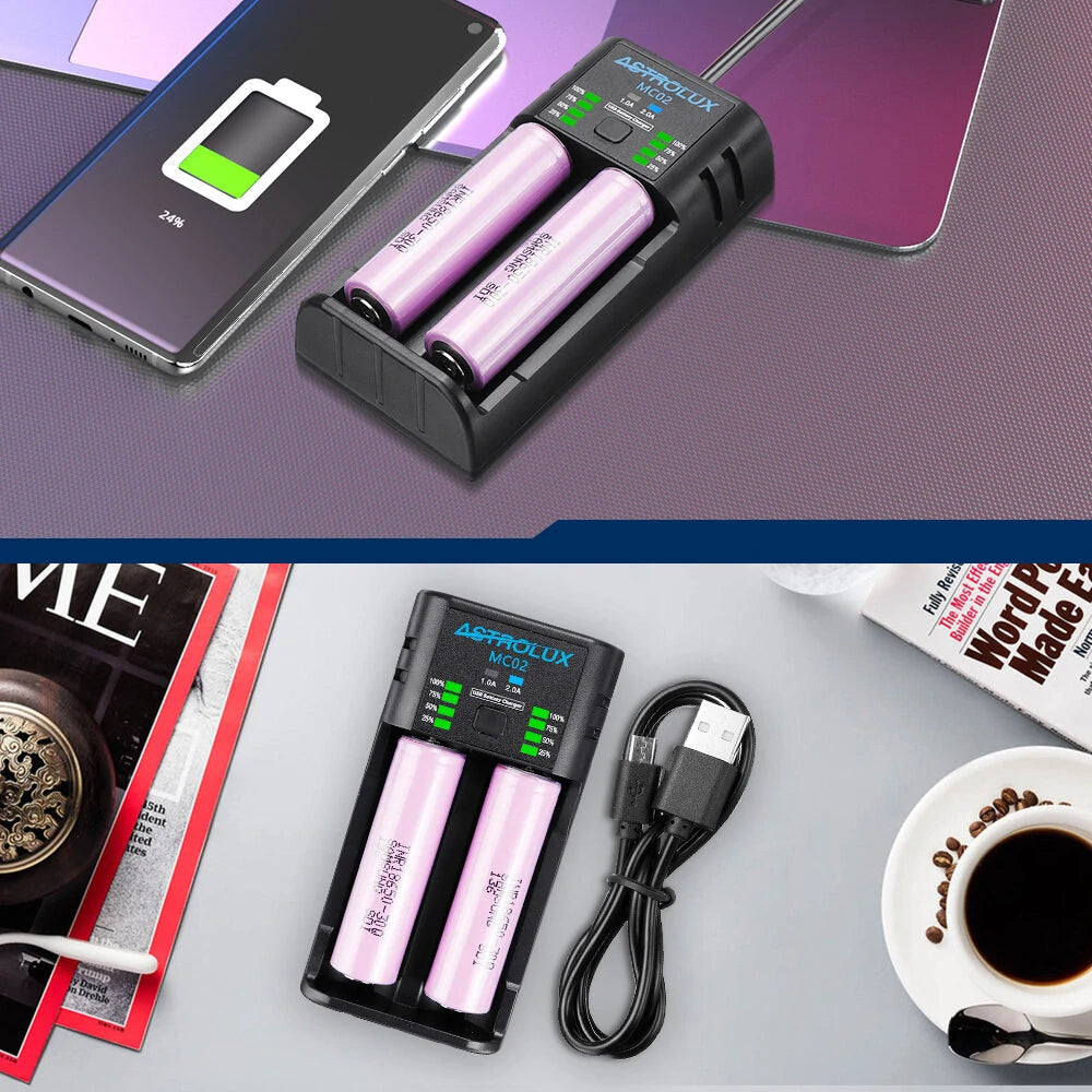 Astrolux MC02 2 in1 USB Charging Mini Battery Charger Portable Mobile Phone Power Bank Current Optional Charger For 18650 21700 26650 Li-ion Battery
