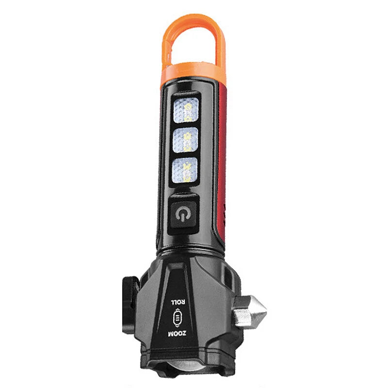 BL-X90 Zoom Handheld Flashlight with Dual Light Source Safety Hammer & Seat Belt Cutter USB-C Rechargeable Waterproof for Car Emergency Outdoor Tactical Lamp with Hook