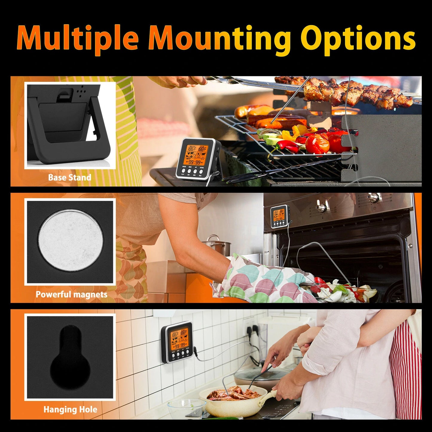 AGSIVO Digital Food Oven Meat Thermometer With Probe Timer Alert Backlight Outdoor Grill Cook Barbecue Kitchen Cooking BBQ Thermometer