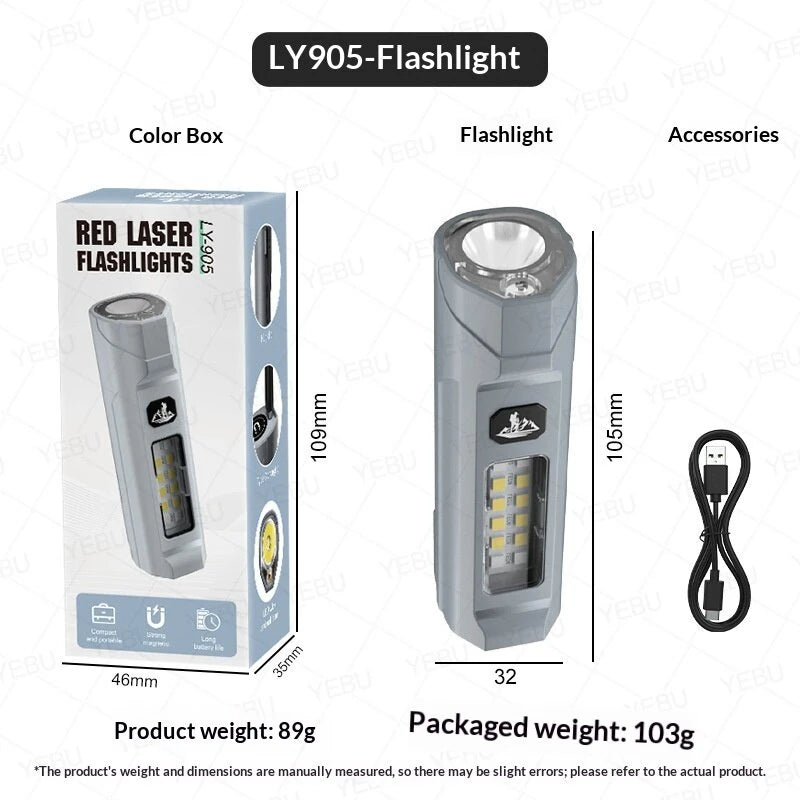 Bikight LY-905 Outdoors Magnetic LED Flashlight with Red LEP Pointer Dual Light Mode 5-Gear Dimming USB-C Recharging 18650 Battery for Outdoor Camping Hiking Emergency Tactical Torch Lamp with Back Backle Clip