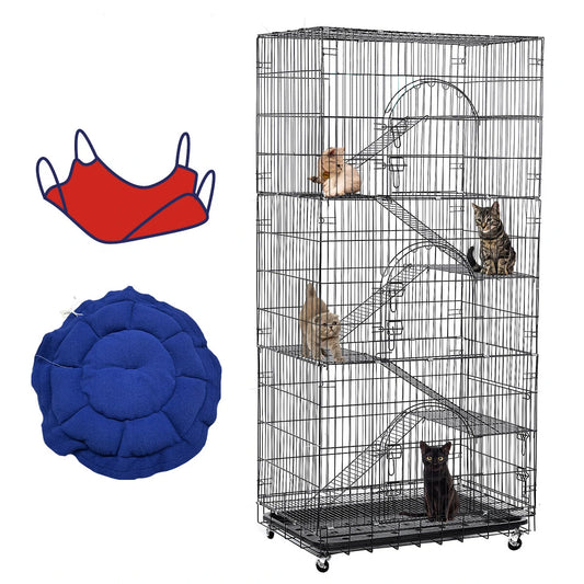 PawGiant Oversized 6 Tier Cat Cage 77" Tall 1-5 Cats w/Hammock, Cat Bed & 5 Ramp Ladders 5 Platforms 3 Front Door Tray Cat Litter Playpen Cat House Pet Pen