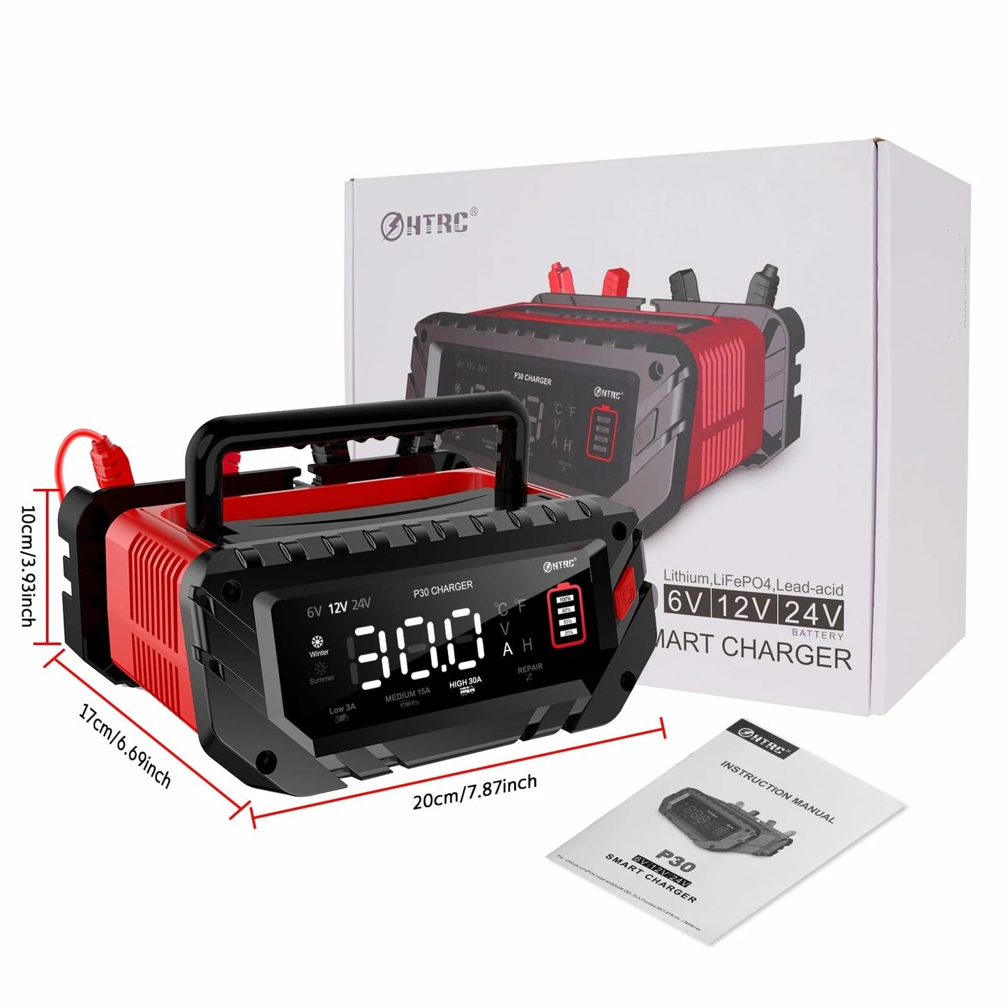 HTRC 6V 12V 24V 10A-30A Smart Repair Battery Maintainer Charger P30 Charging Charger for Car Motorcycle Boat Lead-Acid AGM Lithium LiFePo4 Battery