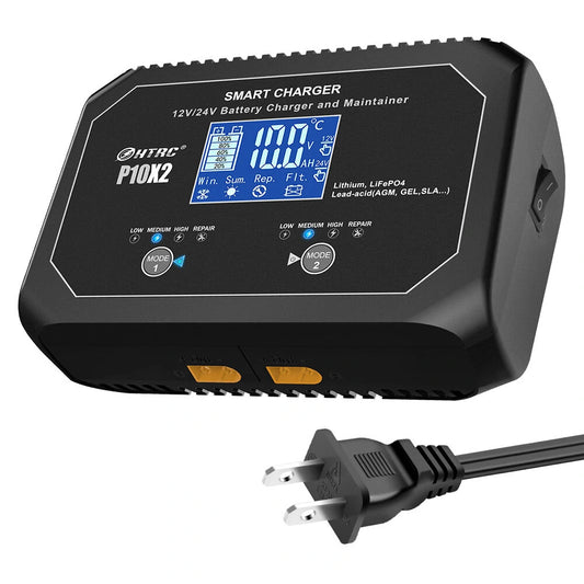 HTRC P10X2 12V 24V 10A Auto Motorcycle Battery Charger AGM Intelligent Repair Dual Channel Smart Car Battery Charger Lithium Lifepo4 Lead-Acid(AGM/Gel/SLA) for Car Boat