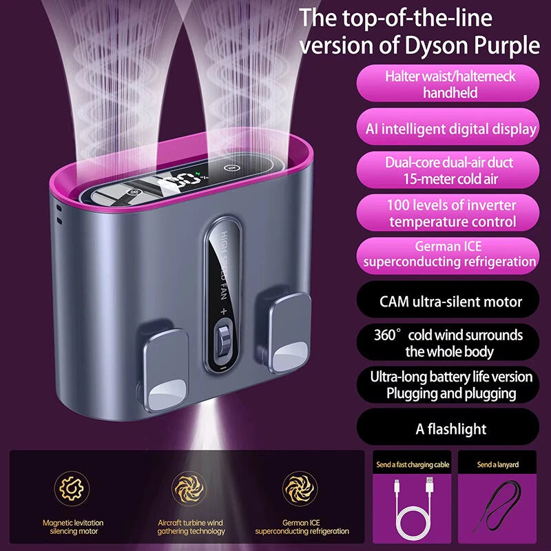 Dual Air Duct Waist-hanging Fan 100 Speeds Wind Clip 6000mAh Rechaegeable Air Cooling Brushless Fan Light Outdoor Lanyard Fan