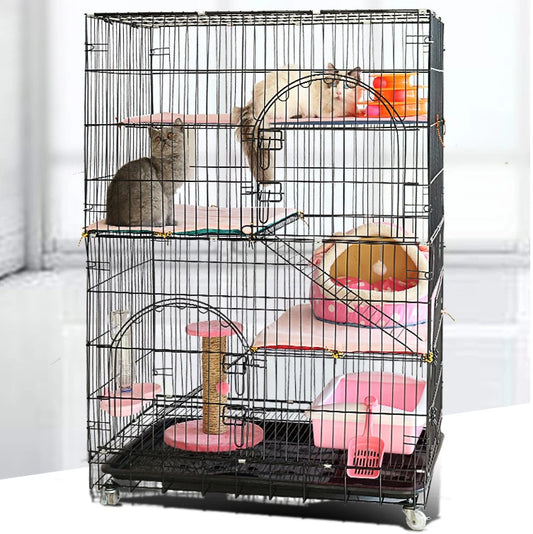 PawGiant 4-Tier Cat Cage, Cat Playpen Kennel Crate Chinchilla Rat Box Cage Enclosure with Ladders, Platforms Beds, Latches Tray Hammock