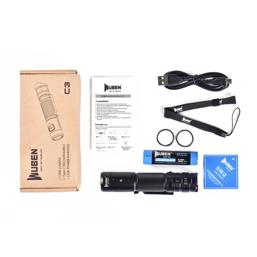 WUBEN C3 1200LM High Powerful Rechargeable Mini Flashlight with 18650 Battery Compact Waterproof Lantern for Camping EDC Self-protection LED Torch