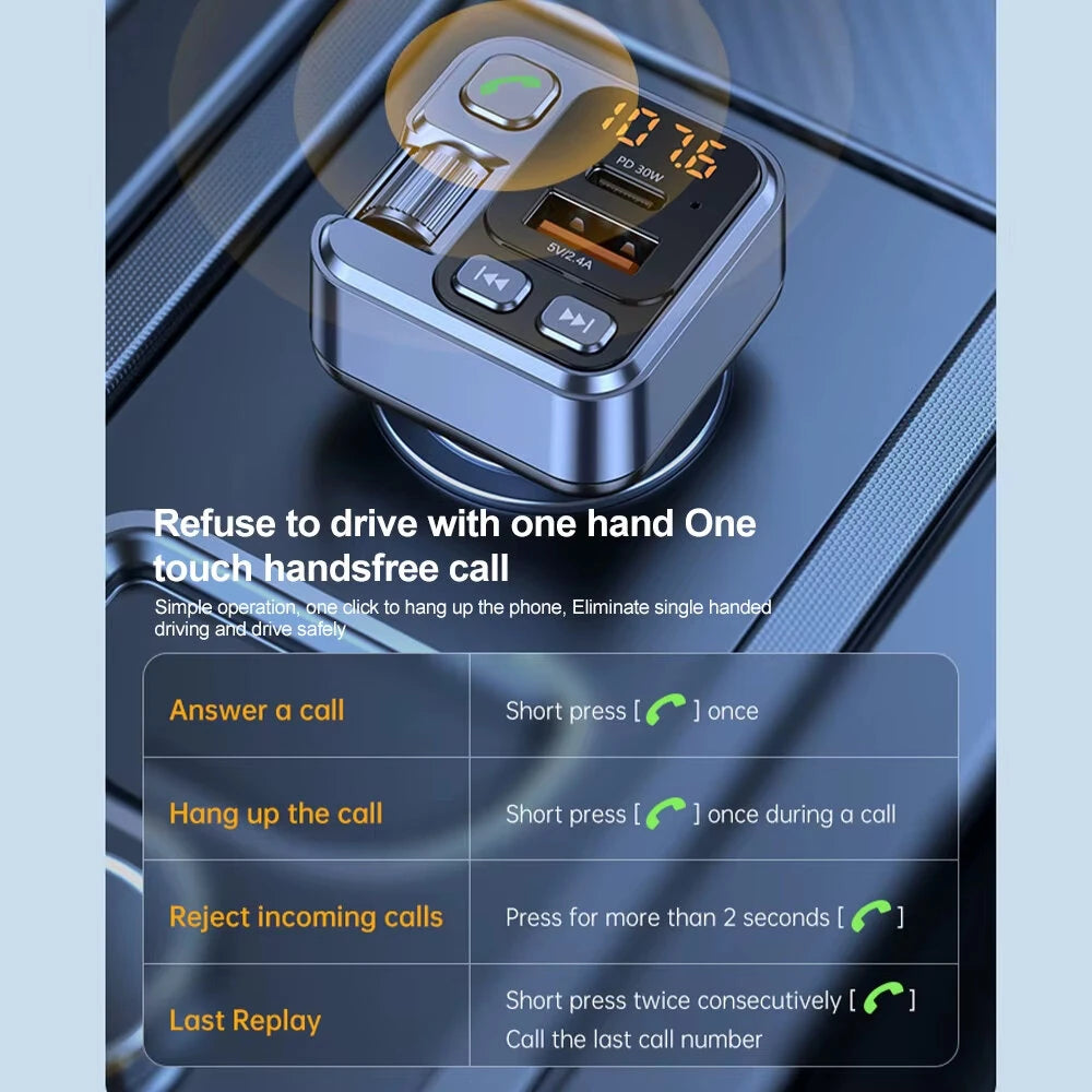 Car bluetooth Receiver USB PD30W Fast Charging Digital Display Car Mobile Phone Adapter FM Transmiter with LED Display