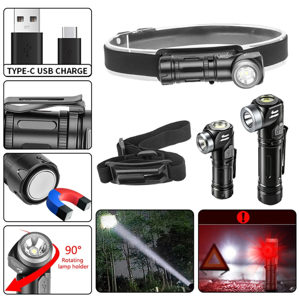 Multi Functional Strong Light Clip-on Headlight Magnetic Rotating L-shape Flashlight Work Light Magnetic Tail Outdoor Portable Torch 90-Degree Adjustable Corner Work Light For Hiking