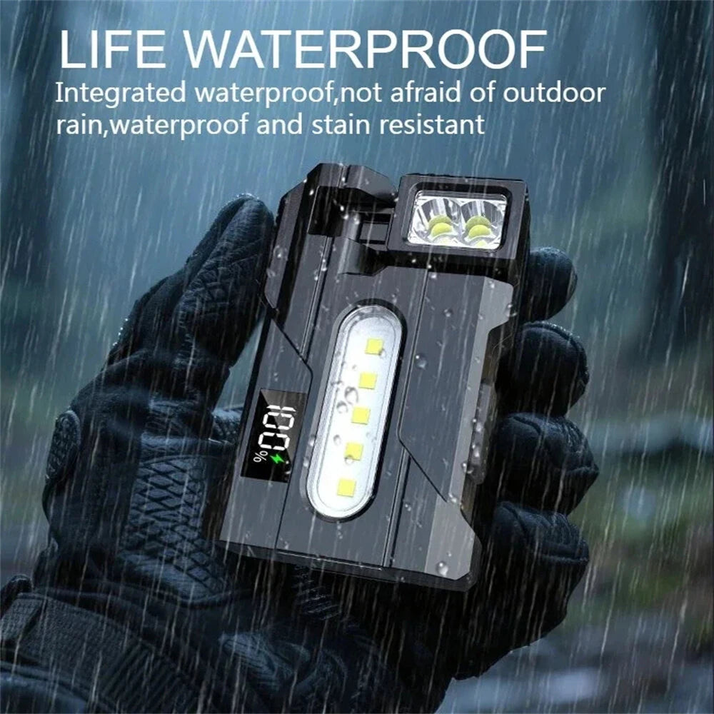 Multipurpose Dual Light Source LED Keychain Flashlight LCD Display Rotatable Pocket Work Light with Metal Clip EDC Torch for Outdoor Camping Hiking Emergency