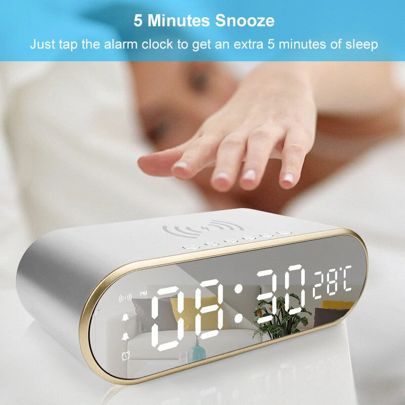 LED Mirror Digital Alarm Clock Support Phone Wireless Charging 2 Alarm Group Snooze Function Real-Time Temperature