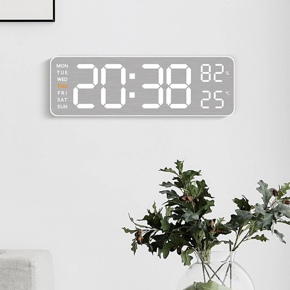 Electronic Wall Clock Temperature Humidity Display Metal Brushed Multifunctional Wall Clock Digital LED Electronic Alarm Clock