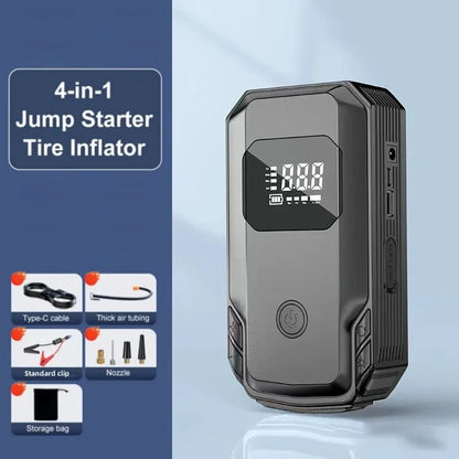 Car Jump Starter with Air Compressor Portable Booster Charger 1200A Powerful Battery Starting Device with Flashlight Tire Inflator