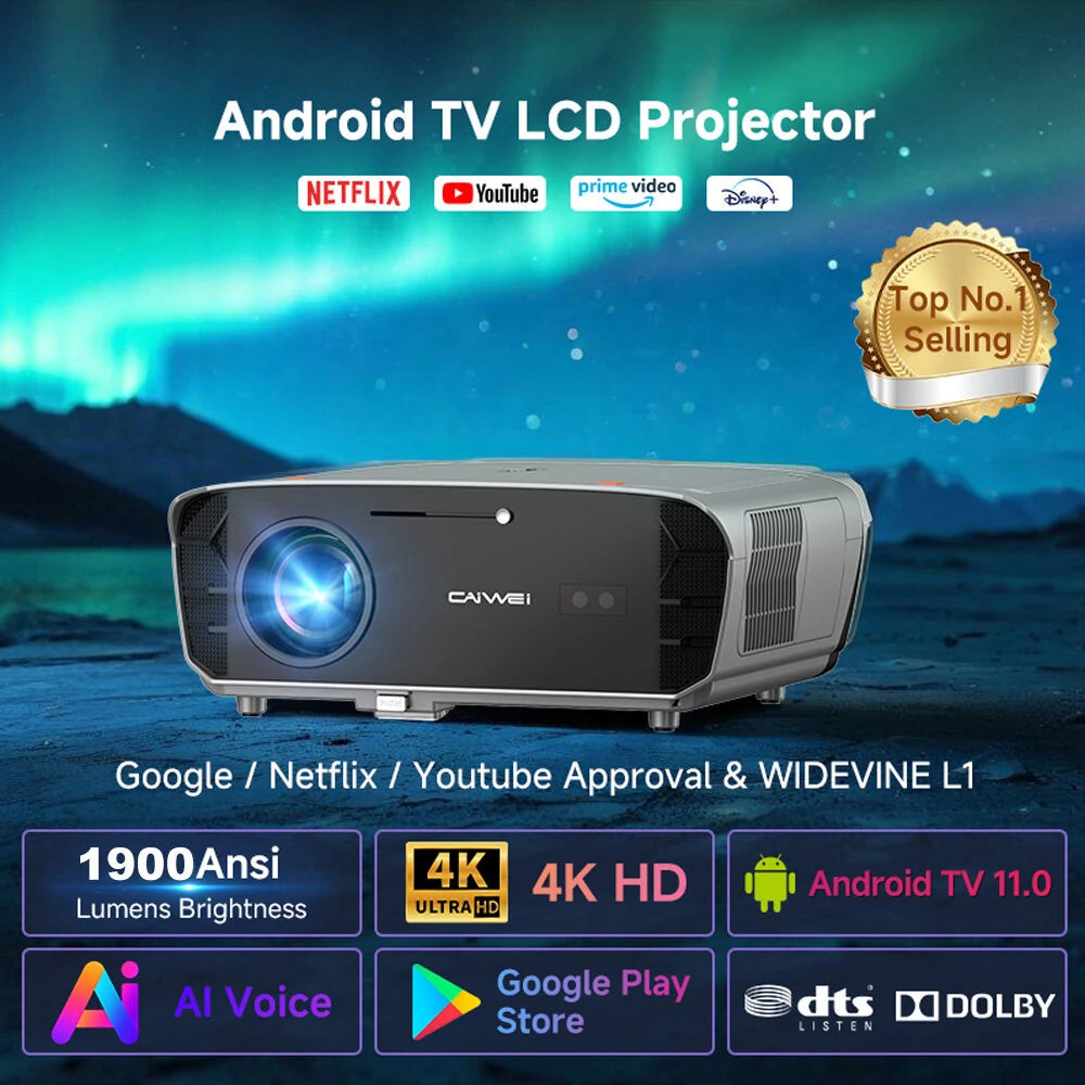 [Netfilx & Google TV Certified] Caiwei A9G 4K Android TV 14.0 Projector 1900 ANSI Lumens Auto Focus HDR10 WiFi6 Full HD Smart Home Cinema Netflix YouTube Primes Video Streaming Player