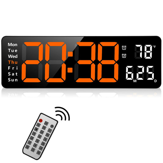 AGSIVO 13 Inch Digital Wall Clock Large LED Display with Remote Control / Automatic Brightness / Indoor Temperature / Date / Week / 12/24H For Home Office Classroom