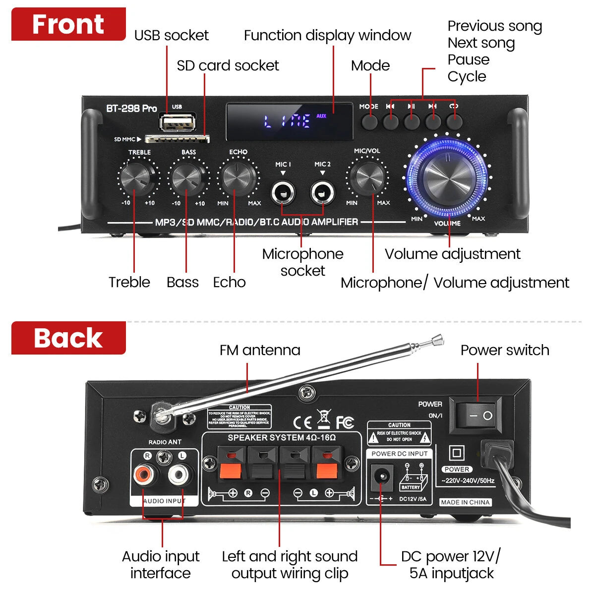 AUTSOME 12V 220V 50Wx2 HIFI Stereo Audio Amplifier 85db Car Home 2.0 channel Power Amplifier bluetooth