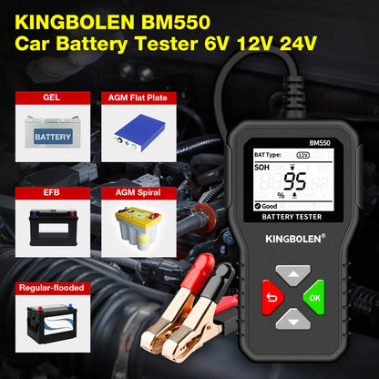 Kingbolen BM550 Car Electric Vehicle 6V 12V 24V Multi-Function Intelligent Digital Display Professional Battery Test Diagnosis