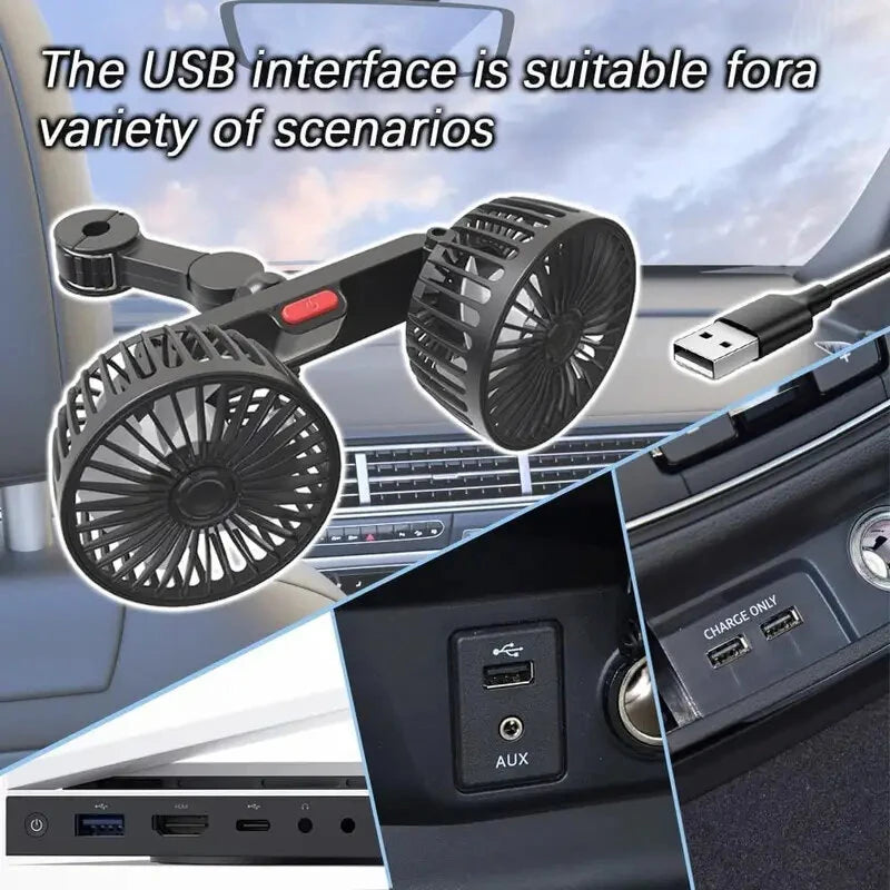 Car Fan 360 3-speed Car Seat Back Cooling Fan USB Charge Dual Head Fan Adjustable Rotation Neck Cooler for Car Home Accessories