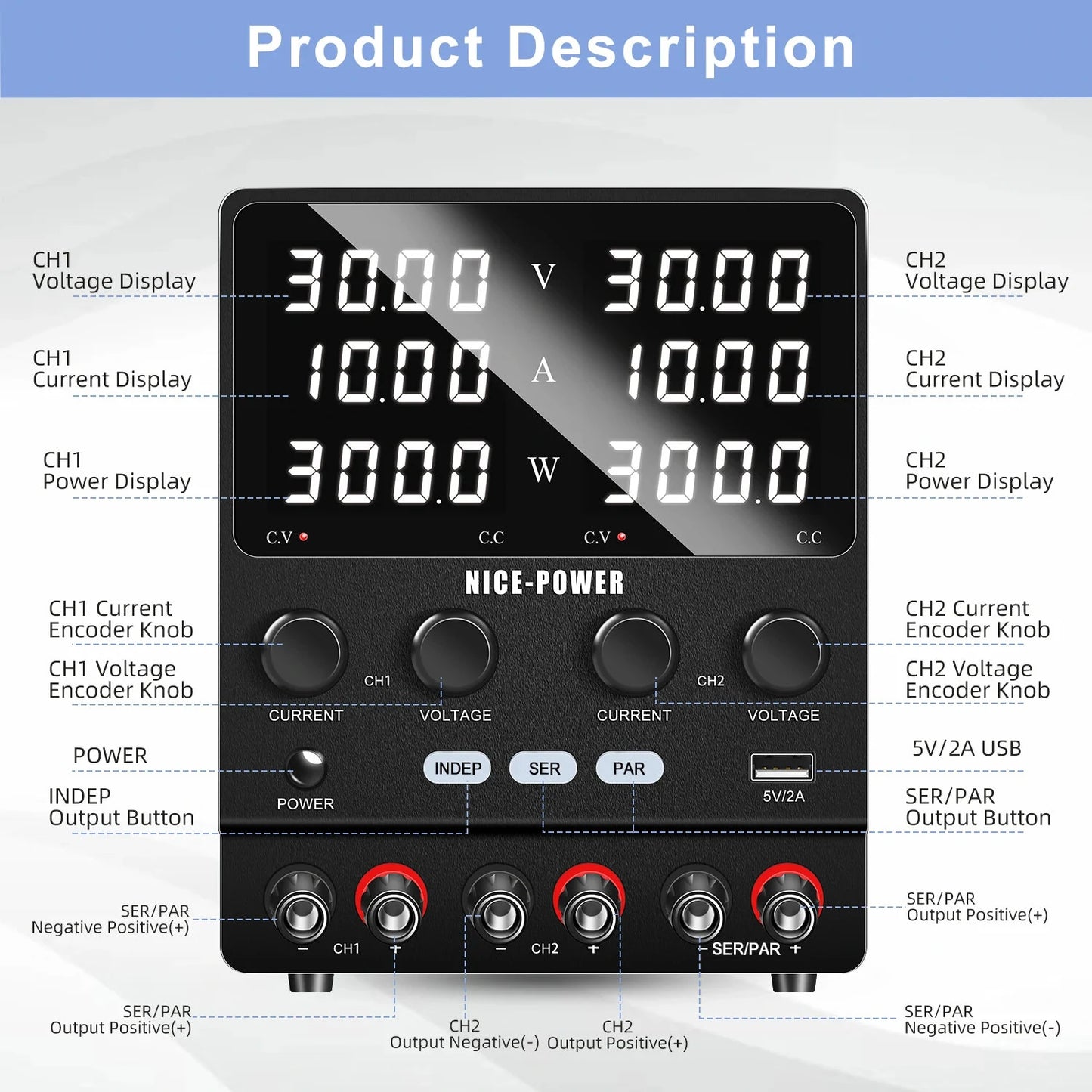 KUAIQU SPS-2KD Dual-Channel DC Power Supply Series Parallel Independent Triple Output Function Bench Power 120V 60V 30V