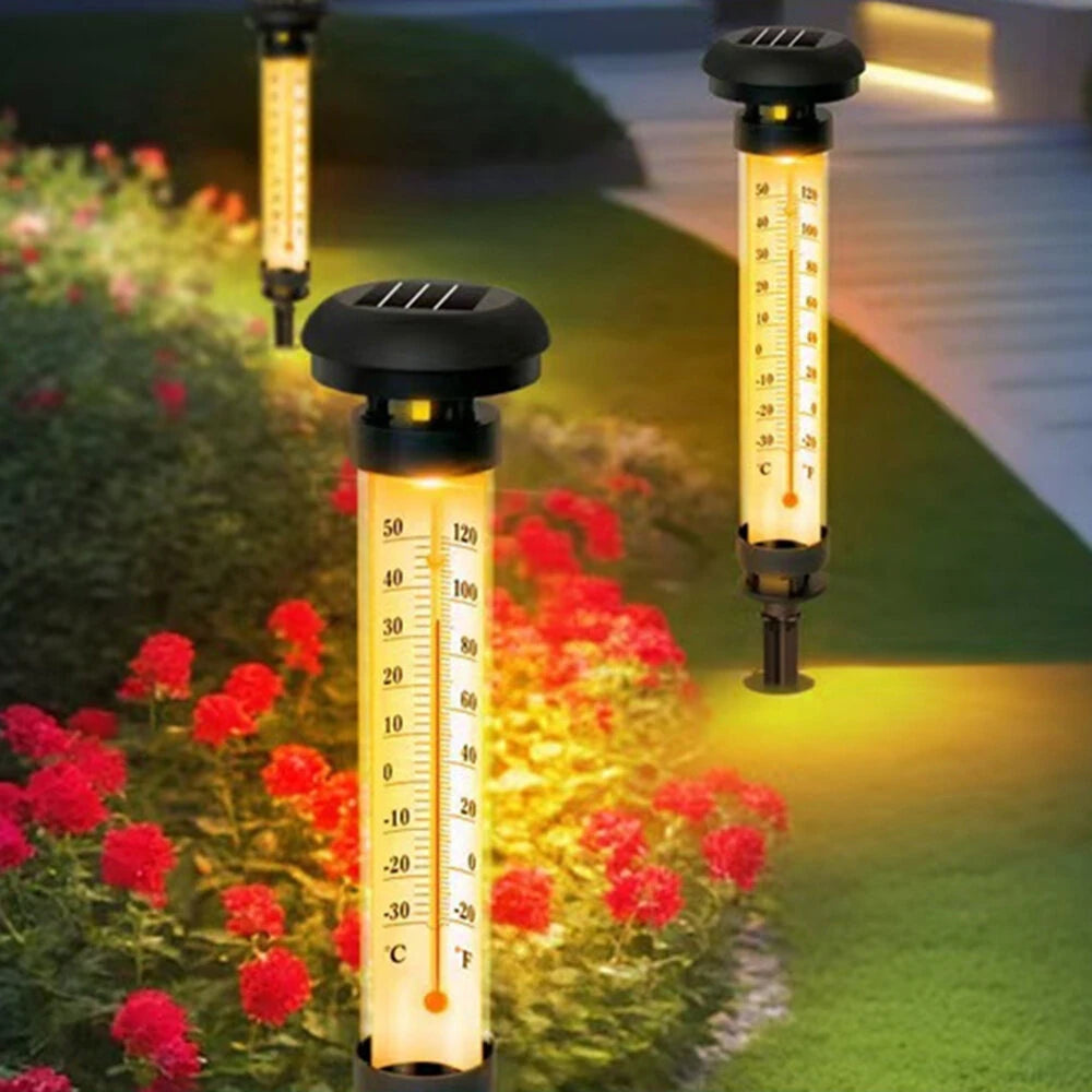 Elfeland Solar Outdoor Thermometer Light with Temperature Display IP65 Waterproof Warm White Garden Lamp for Patio Yard Pathway Landscape Decor
