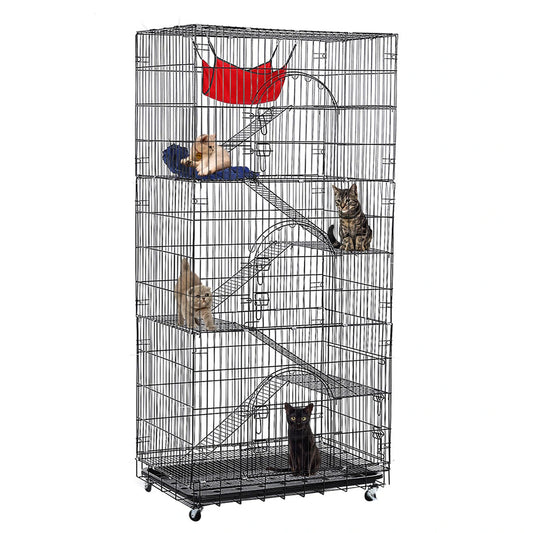 PawGiant Oversized 6 Tier Cat Cage 77" Tall 1-5 Cats w/Hammock, Cat Bed & 5 Ramp Ladders 5 Platforms 3 Front Door Tray Cat Litter Playpen Cat House Pet Pen