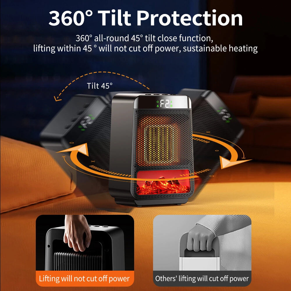 1500W 3D Dynamic Flame Heater PTC Rapid Heating Heater 2 Gear Hot Wind Ambient Light 4 Gears Timing Function for Home Office