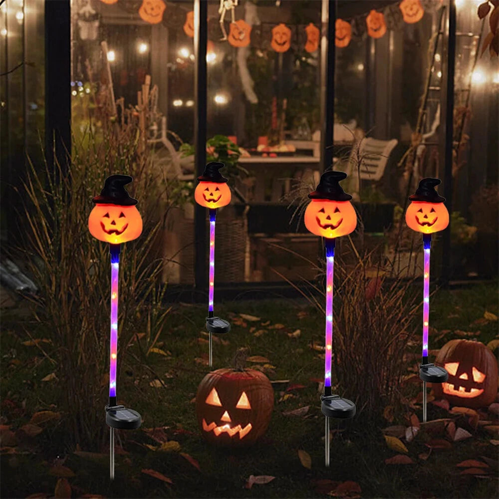 Elfeland Solar Powered Halloween Garden Stakes Pumpkin/Eye/Skull Designs with Auto-On Light Sensor IP65 Waterproof Outdoor Lawn Decorations for Yard & Pathway
