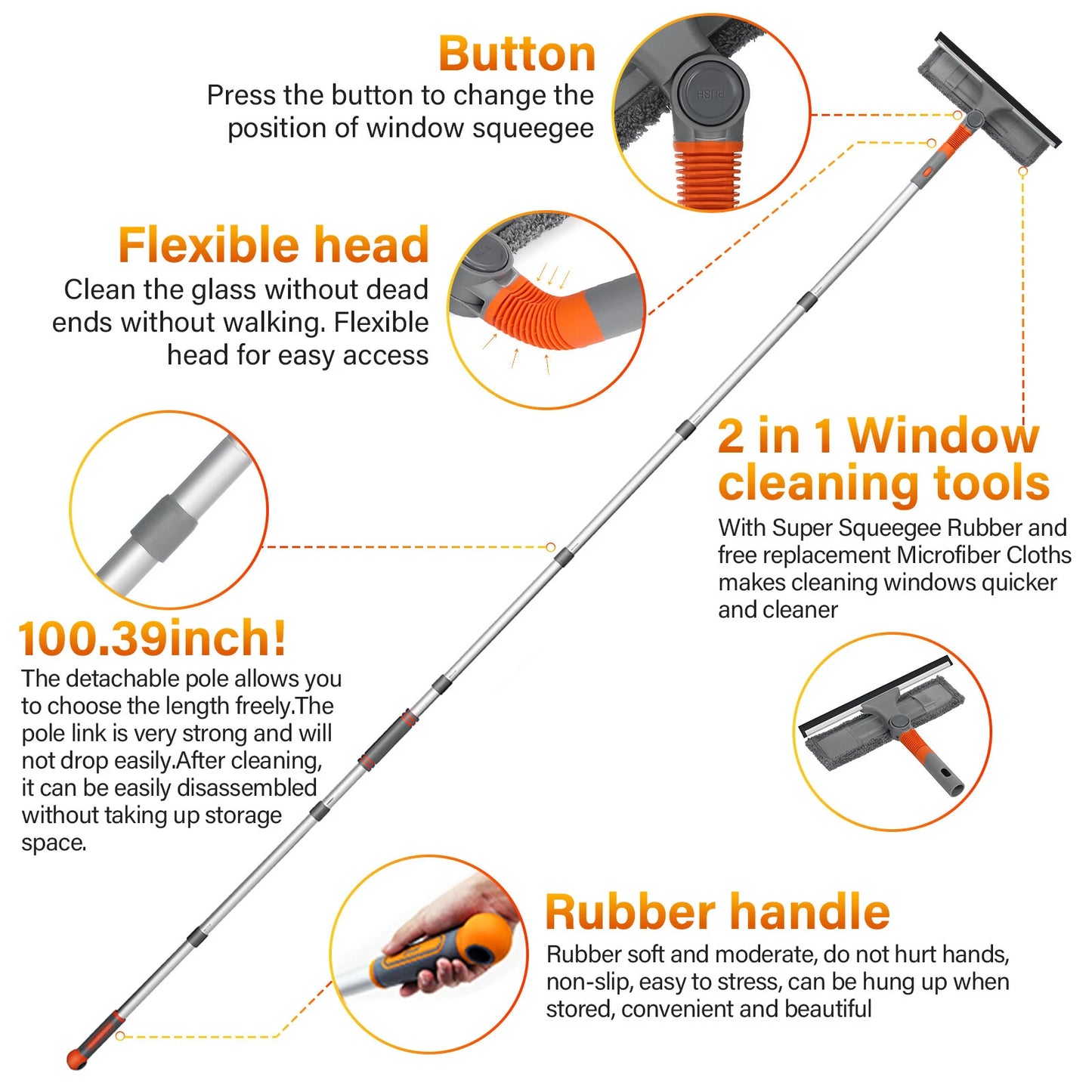 Professional Window Squeegee Cleaner, 2 in 1 Shower Squeegee with Extension Pole, 103 IN Telescopic Window Washing Equipment with Bendable Head, Glass Cleaning Tools for Indoor/Outdoor High Window