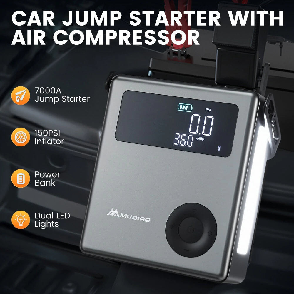 MUDIRO M-JC6 7000A Car Jump Starter with Air Compressor 150PSI PD65W Fast Charge 2 LED Lights Smart Display for Cars Motorcycles 10L Diesel Engines