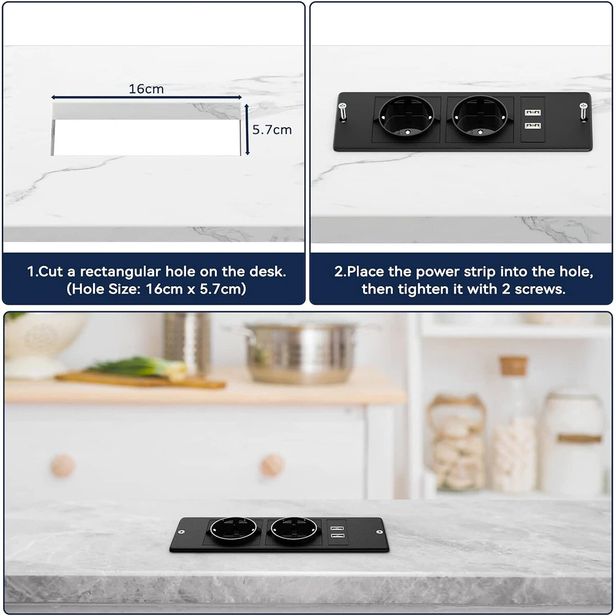 Table Socket with 2 USB 2 Sockets Built-in Socket 2-Way Installation Power Strip with 2 Screws for Kitchen Furniture or Worktops Recessed Socket 1.8 Cable16 A/3500 W