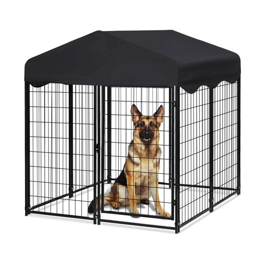 PawGiant Large Dog Kennel Outdoor Dog House with Roof 4ft x 4.2ft x 4.45ft Heavy Duty Metal for Large to Small Dog, Outside Dog Kennel Pet Crate Cage Playpen with UV-Proof Waterproof Cover