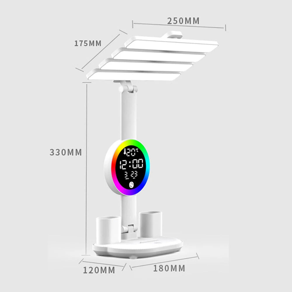 4-Head Table Lamp With RGB Ambient Light & Clock Time Date Display Pen Holder Desk Lamp Reading Light