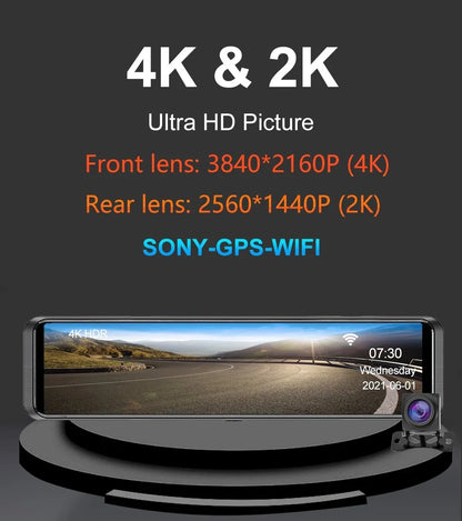 4K+2K Car Rearview Mirror Dash Cam Front Rear Dual Recording with G-Sensor Support Locking Emergency Video