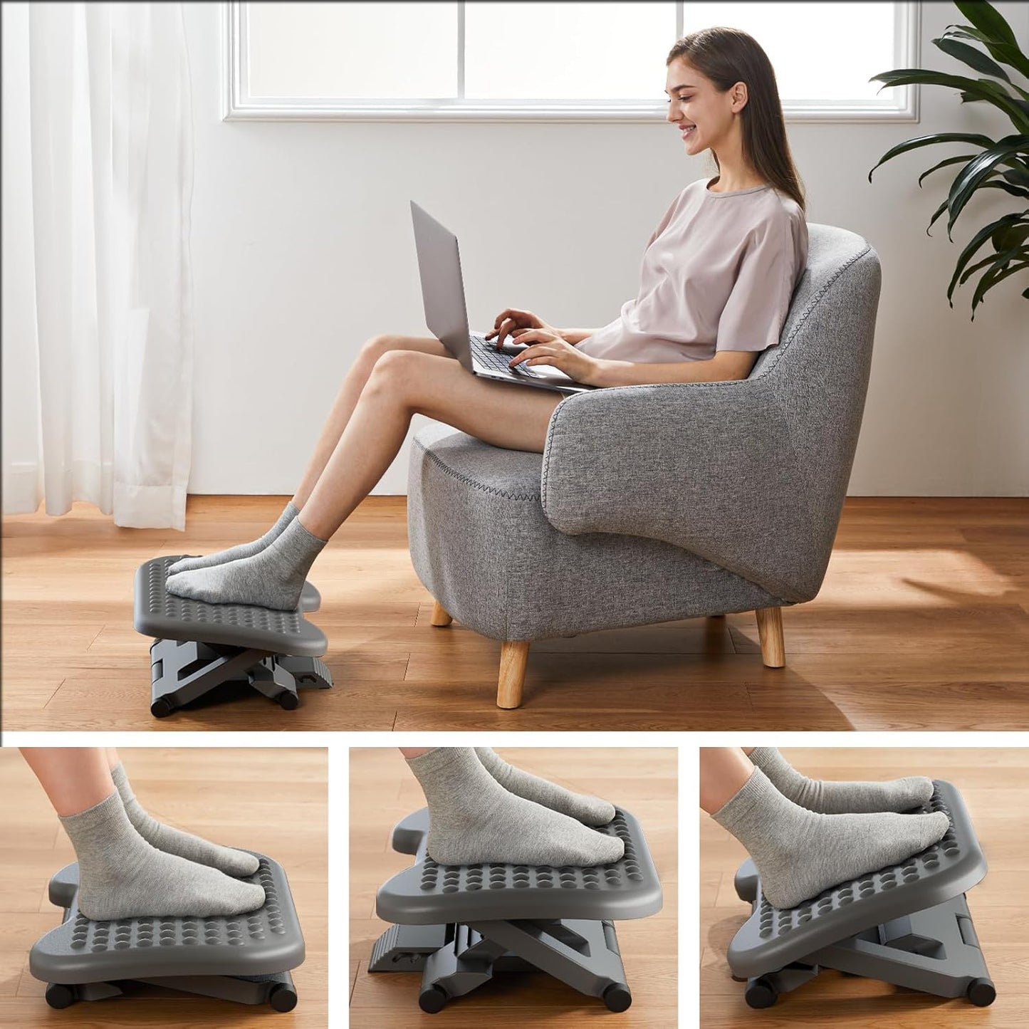 Adjustable Desk Footrest, Foot Rest for under Desk at Work with Massage, Adjustable Foot Stool with 3 Height Position & 30 Degree Tilt Angle Adjustment for Home, Office, Gray