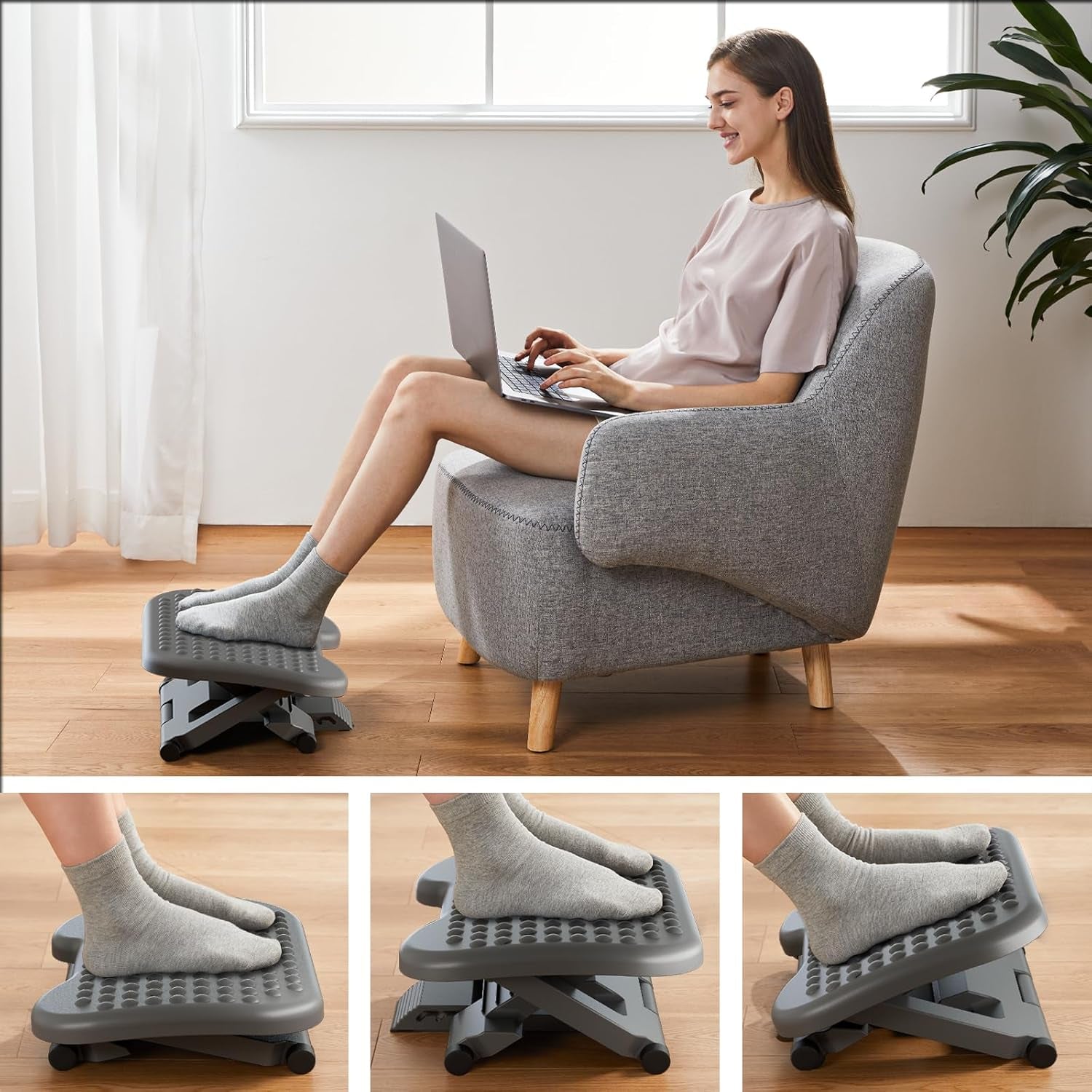 Adjustable Desk Footrest, Foot Rest for under Desk at Work with Massage, Adjustable Foot Stool with 3 Height Position & 30 Degree Tilt Angle Adjustment for Home, Office, Gray