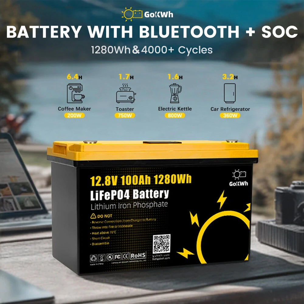 Gokwh 12V 100AH LiFePO4 Lithium Battery 1280Wh Energy Storage Box Battery Pack Series Built-in Smart bluetooth  BMS
