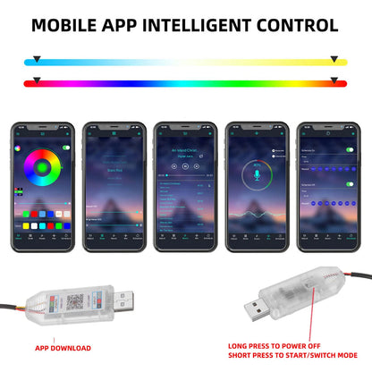 2 In 1 Symphony Car LED Phantom Atmosphere Light 110cm+35cm USB Plug With APP Control Ambient Interior Decorative Lamp