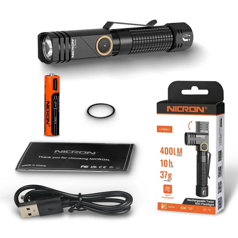 Nicron L74 Mini Tiny 400 Lumens Tactical EDC Flashlight L-shape LED Torch Rechargeable with Magnet 90 Degree IP65 Waterproof Led Pocket Light
