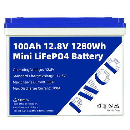 PWOD 12.8V 100Ah 1280Wh Mini LiFePO4 Battery Pack Grade A Build-in BMS Lithium Iron Phosphate For RV EV Camping