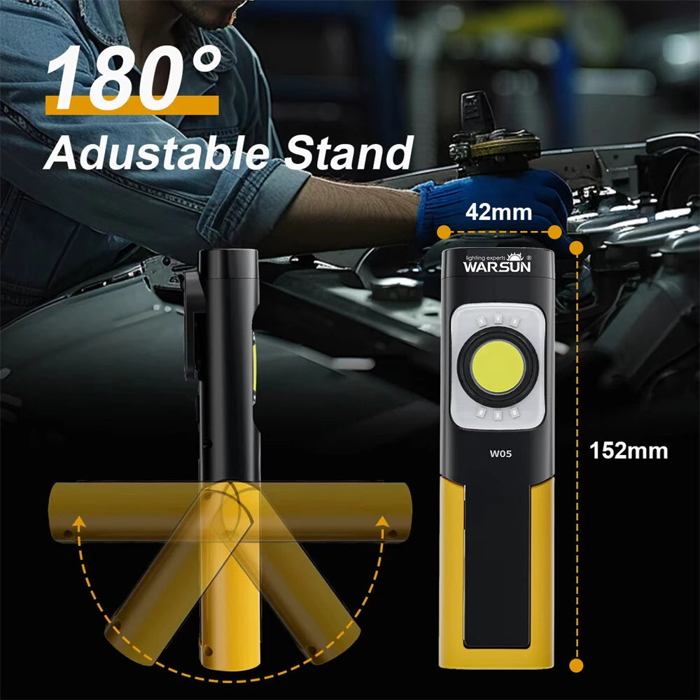 Warsun W05 USB Rechargeable Work Light with Magnetic Base, Portable Flashlight with Clip, Hook and 180 Rotation Stand Lighting for Car Repair Machine Emergency Job Site