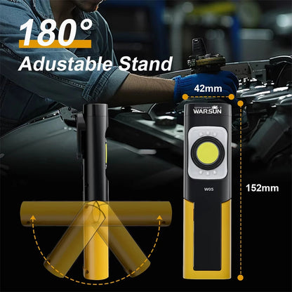Warsun W05 USB Rechargeable Work Light with Magnetic Base, Portable Flashlight with Clip, Hook and 180 Rotation Stand Lighting for Car Repair Machine Emergency Job Site